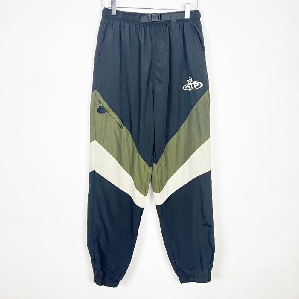 FTP Nation Track Pants Mens M Black Green Belted Nylon Joggers Y2K Streetwear